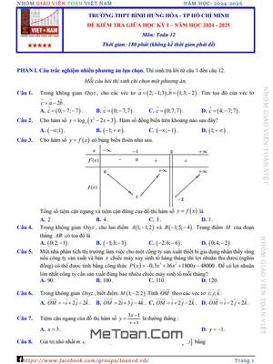 Đề giữa học kì 1 Toán 12 năm 2024 - 2025 trường THPT Bình Hưng Hòa - TP HCM