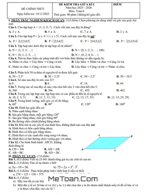 Đề thi Giữa kì 1 Toán 6 THCS Trần Quý Cáp, Đà Nẵng năm 2025-2026 (Có Đáp Án Chi Tiết)