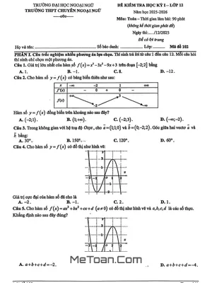 Đề thi học kỳ 1 Toán 12 năm 2025 – 2026 trường THPT Chuyên Ngoại Ngữ – Hà Nội