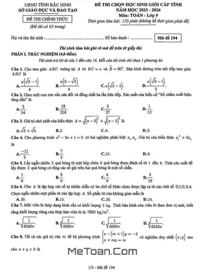 Đề chọn học sinh giỏi tỉnh Toán 9 năm 2025 – 2026 Sở GD&ĐT Bắc Ninh