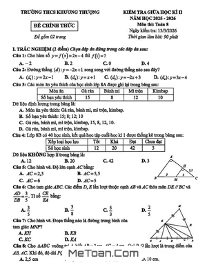 Đề giữa học kì 2 Toán 8 năm 2025 – 2026 trường THCS Khương Thượng – Hà Nội