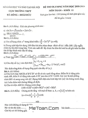Đề Thi Olympic Toán 11 Năm 2019 Cụm Trường THPT Hà Đông - Hoài Đức - Hà Nội