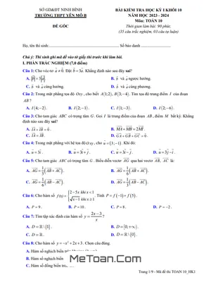 Đề thi học kỳ 1 Toán 10 năm 2023 - 2024 trường THPT Yên Mô B - Ninh Bình