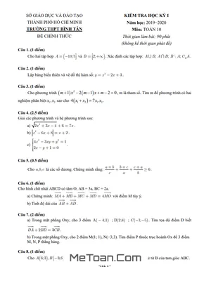 Đề thi học kỳ 1 Toán 10 năm 2019 - 2020 trường THPT Bình Tân - TP HCM (có lời giải)