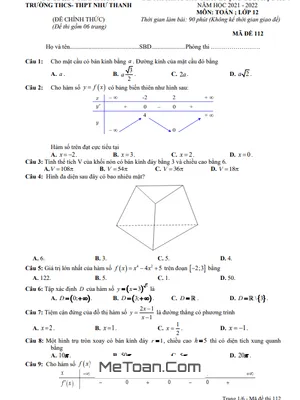 Đề thi học kì 1 Toán 12 năm 2021 - 2022 trường Như Thanh - Thanh Hóa