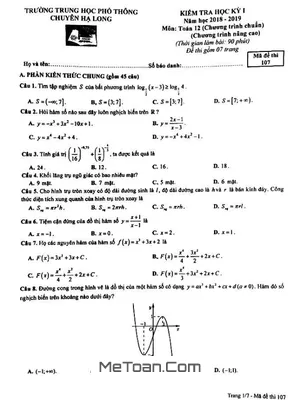 Đề thi học kỳ 1 Toán 12 năm 2018 - 2019 trường Chuyên Hạ Long - Quảng Ninh