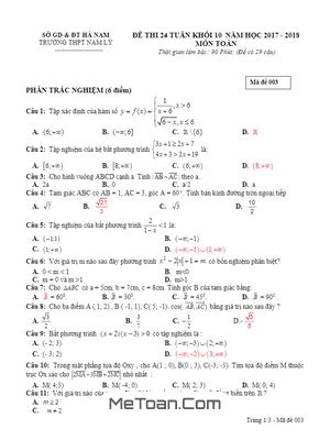 Đề thi 24 tuần Toán 10 năm 2017 - 2018 trường THPT Nam Lý - Hà Nam