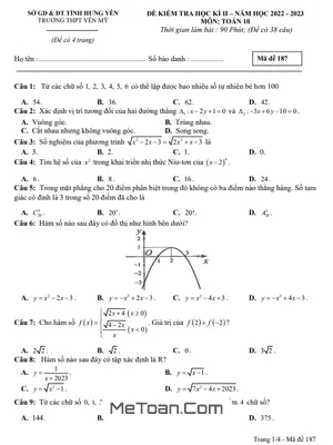 Đề thi học kì 2 môn Toán lớp 10 năm 2022 - 2023 trường THPT Yên Mỹ - Hưng Yên (có đáp án)