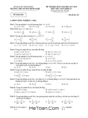 Đề thi học kỳ 2 Toán lớp 10 năm 2017 - 2018 trường THPT Dương Đình Nghệ - Thanh Hóa (có đáp án)