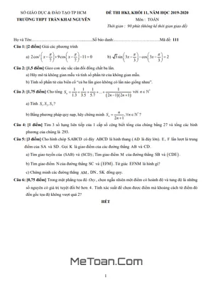 Đề thi học kì 1 Toán 11 năm 2019 - 2020 trường THPT Trần Khai Nguyên - TP HCM