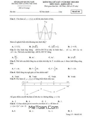 Đề thi giữa học kỳ 1 Toán 12 năm 2022 - 2023 trường THPT Lương Thế Vinh - Quảng Nam