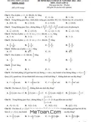 Đề minh họa cuối kỳ 2 Toán 12 năm 2022 – 2023 trường THPT Lao Bảo – Quảng Trị