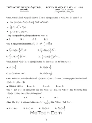 Đề thi HK2 Toán 12 năm 2017 - 2018 trường Chuyên Lê Quý Đôn - Khánh Hòa