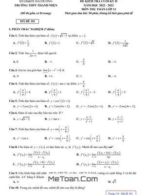 Đề thi cuối kỳ 2 Toán 11 năm 2022 - 2023 trường THPT Thanh Miện - Hải Dương