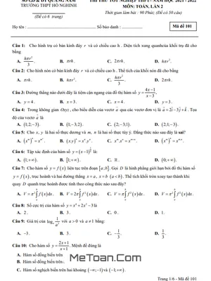 Đề thi thử Toán tốt nghiệp THPT 2022 lần 2 trường THPT Hồ Nghinh – Quảng Nam