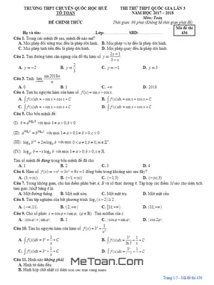 Đề Thi Thử Toán THPTQG 2018 Trường THPT Chuyên Quốc Học Huế Lần 3