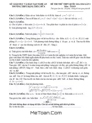 Tải Xuống Đề Thi Thử THPT Quốc Gia Môn Toán Trường Đặng Thúc Hứa Lần 1 - Có Đáp Án