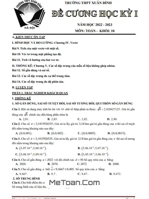 Đề Cương Ôn Tập Cuối Kỳ 1 Toán 10 Năm 2022 - 2023 Trường THPT Xuân Đỉnh - Hà Nội