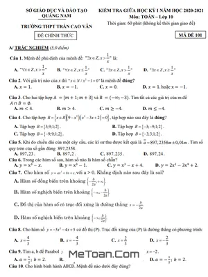 Đề Thi Giữa Kì 1 Toán 10 Năm 2020 - 2021 Trường THPT Trần Cao Vân - Quảng Nam