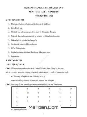 Bài Tập Ôn Tập Kiểm Tra Giữa Kì 2 Toán 6 Năm Học 2021 - 2022 (Cánh Diều)
