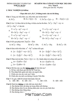 Đề Thi Học Kì 1 Toán 8 Năm 2023 - 2024 Phòng GD&ĐT Tiền Hải - Thái Bình (Có Đáp Án)