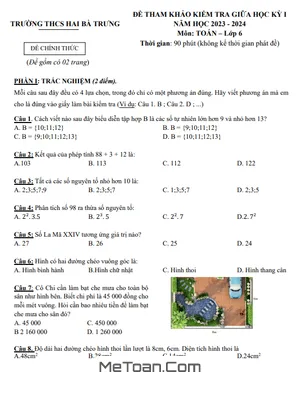 Đề Tham Khảo Giữa Kỳ 1 Toán 6 Năm 2023 - 2024 Trường THCS Hai Bà Trưng - TP HCM