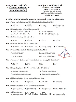 Đề thi giữa kì 1 Toán 8 năm 2023 - 2024 trường THCS Hà Huy Tập - BR VT (có đáp án)