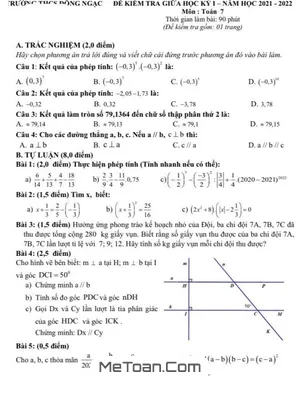 Đề thi giữa kỳ 1 Toán 7 năm 2021 - 2022 trường THCS Đông Ngạc - Hà Nội