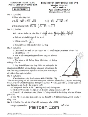 Đề thi học kỳ 1 Toán 9 năm 2020 – 2021 phòng GD&ĐT Hai Bà Trưng - Hà Nội
