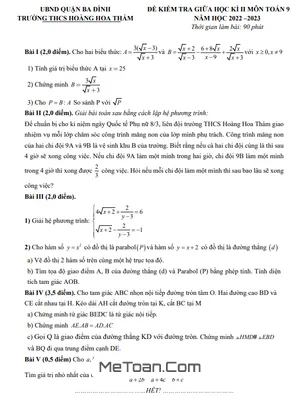 Đề Thi Giữa Kì 2 Toán 9 Năm 2022 - 2023 Trường THCS Hoàng Hoa Thám - Hà Nội