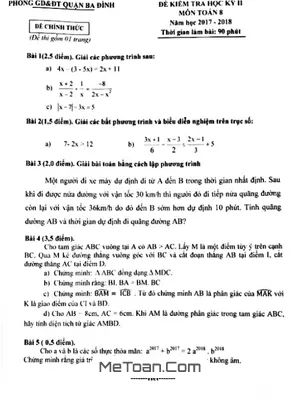 Đề thi HK2 Toán 8 năm học 2017 - 2018 phòng GD&ĐT Ba Đình - Hà Nội