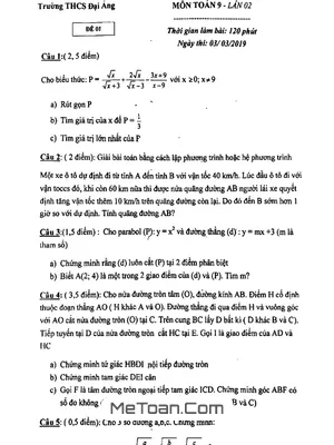 Đề khảo sát Toán 9 lần 2 năm 2018 - 2019 trường THCS Đại Áng - Hà Nội
