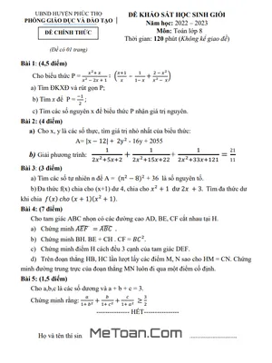 Đề thi học sinh giỏi Toán 8 năm 2022 - 2023 phòng GD&ĐT huyện Phúc Thọ - Hà Nội