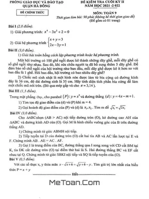 Đề Thi Cuối Kỳ 2 Toán 9 Năm 2021 - 2022 Phòng GD&ĐT Hà Đông - Hà Nội
