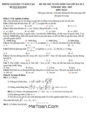 Đề thi thử Toán vào lớp 10 lần 2 năm 2024 - 2025 phòng GD&ĐT Hải Hậu - Nam Định
