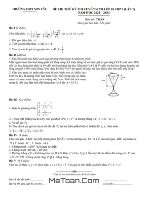 Đề thi thử Toán vào lớp 10 lần 1 năm 2023 - 2024 trường THPT Sơn Tây - Hà Nội