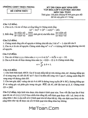 Đề thi học sinh giỏi Toán 9 năm 2023 - 2024 phòng GD&ĐT Triệu Phong - Quảng Trị