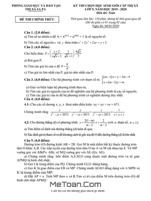 Đề thi HSG Toán 9 năm 2019 - 2020 phòng GD&ĐT thị xã Sa Pa - Lào Cai