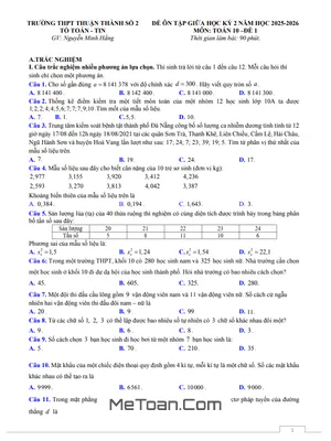 Đề Ôn Tập Giữa Kỳ 2 Toán 10 Năm 2025 – 2026 Trường THPT Thuận Thành 2 – Bắc Ninh