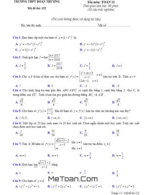 Đề sát hạch Toán 11 lần 3 năm 2019 - 2020 trường THPT Đoàn Thượng - Hải Dương