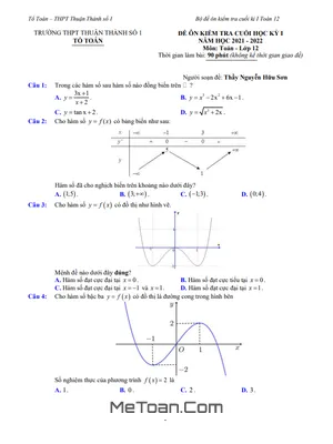 Đề Ôn Tập Cuối Học Kỳ 1 Toán 12 Năm 2021 - 2022 Trường Thuận Thành 1 - Bắc Ninh