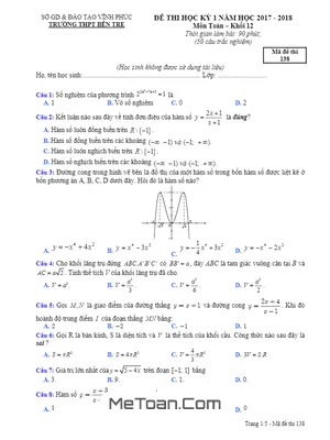 Đề thi học kỳ 1 Toán 12 năm 2017 - 2018 trường THPT Bến Tre - Vĩnh Phúc (có đáp án)
