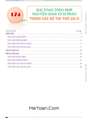 174 Bài Toán Nguyên Hàm, Tích Phân Trong Các Đề Thi Thử THPTQG 2019 Môn Toán