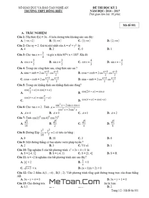 Đề thi HK2 Toán 10 năm 2016 - 2017 trường THPT Đông Hiếu - Nghệ An - Giải chi tiết