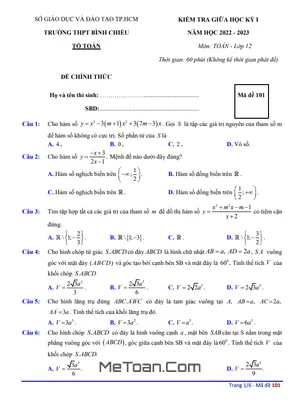 Đề thi giữa kì 1 Toán 12 năm 2022-2023 trường THPT Bình Chiểu - TP.HCM