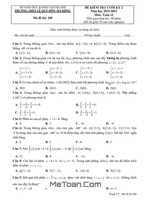 Đề Thi Cuối Kỳ 2 Môn Toán Lớp 12 Năm 2022 - 2023 Trường THPT Lê Quý Đôn - Hà Nội (Mã Đề 209)