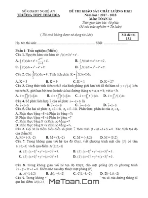 Đề thi KSCL Toán 12 HK2 năm 2017 - 2018 trường THPT Thái Hòa - Nghệ An