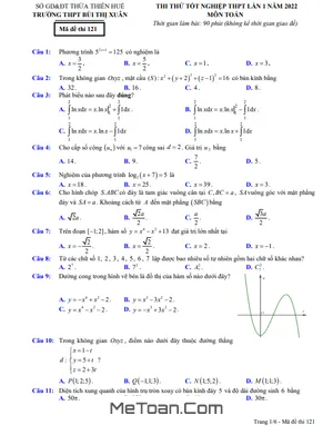 Đề thi thử Toán tốt nghiệp THPT 2022 lần 1 trường Bùi Thị Xuân – TT Huế