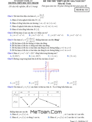 Đề Thi Thử THPT Quốc Gia 2017 Môn Toán Trường THPT Bắc Yên Thành - Nghệ An