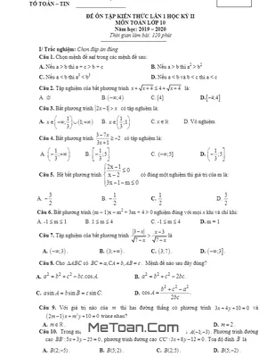 Đề Ôn Tập Toán 10 Tháng 02/2020 Trường THPT Chuyên Hà Nội – Amsterdam
